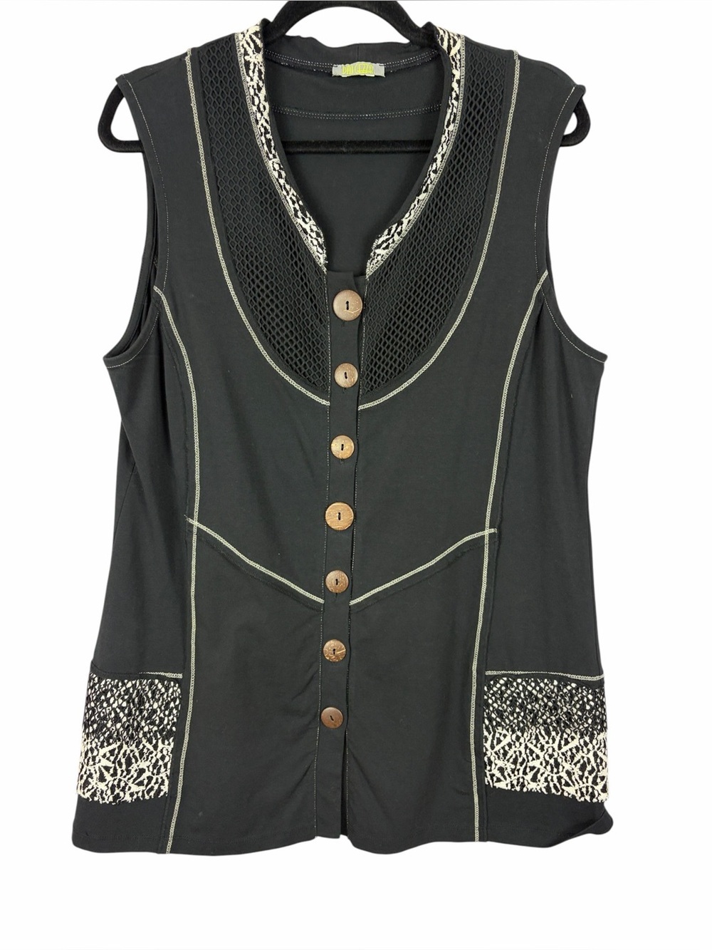 Dolcezza Black Button Front Sleeveless Tunic Vest Top Mesh & Abstract Print